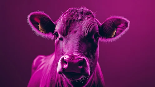 Neon magenta cow portrait rendered in hyperreal digital lighting