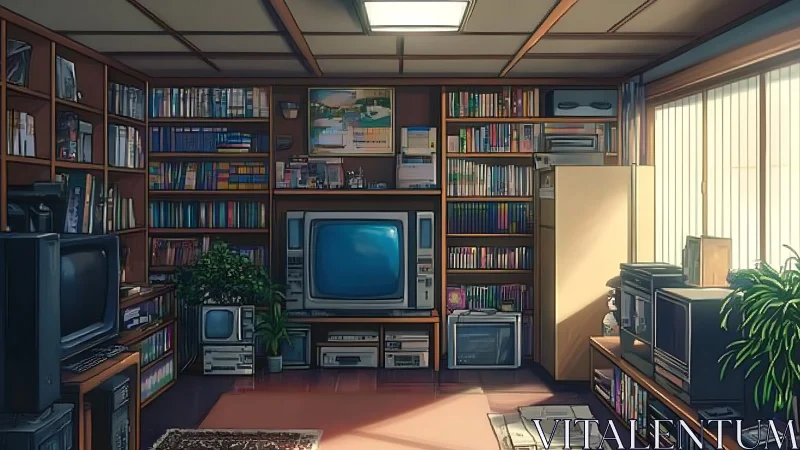 Retro media room with CRT televisions and wood shelving.