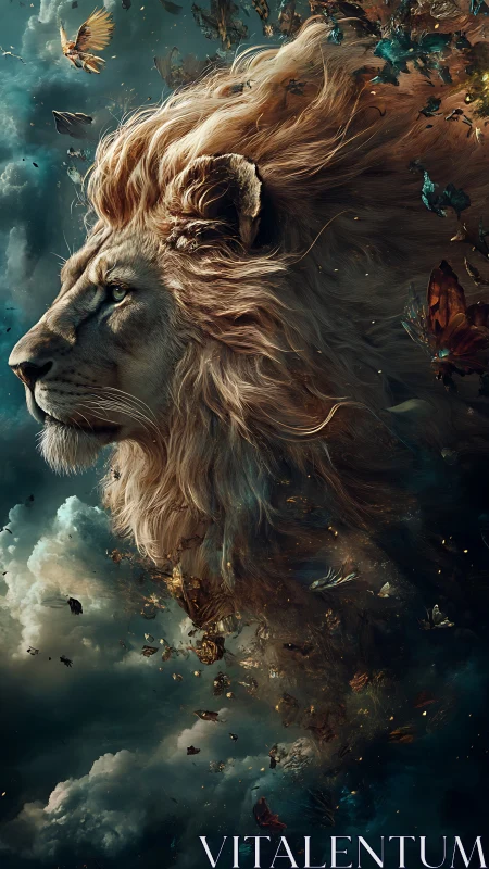 Majestic lion spirit emerges from celestial storm clouds