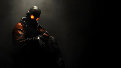 Solitary gas mask figure in dark industrial glow.