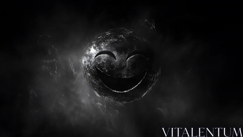 Smiling void planet drifts through smokey cosmic hush.