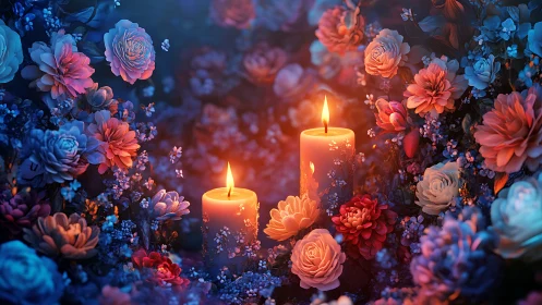 Glowing candles surrounded by vibrant flowers in serene darkness.