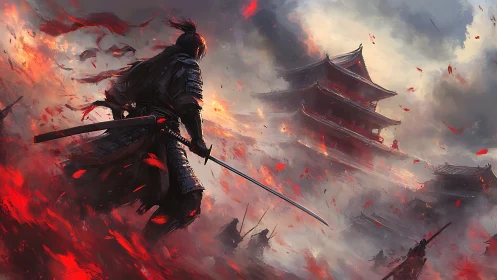 Samurai warrior advances toward burning fortress in battle