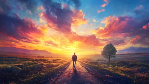 Solitary figure on rural path under vivid sunset sky.