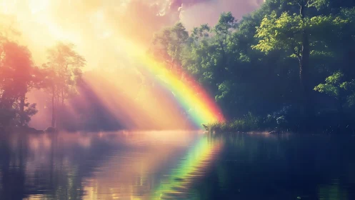 Rainbow river gateway under whispering forest light.