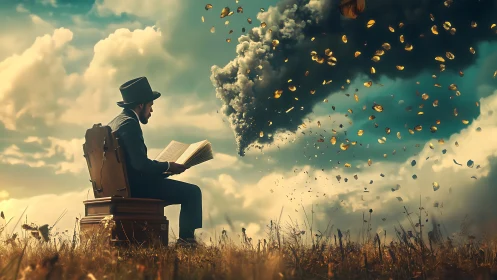 Man reading as golden pages swirl into stormy sky.