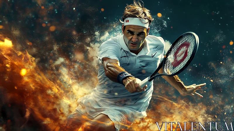 Fiery tennis forehand explodes with dramatic motion and power.