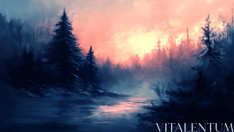 Twilight Refuge: Coniferous Forest Landscape with Suspended Atmosphere