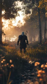 Armored figure walks through backlit forest path at sunrise
