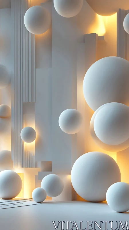 Minimalist 3D spheres with warm architectural backlight.
