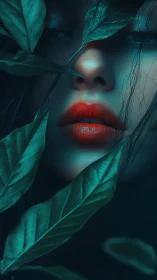 Close digital portrait shows red lips framed by foliage