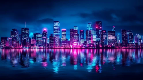 Neon cyberpunk skyline over reflective waterfront at night.