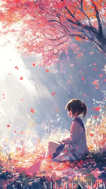 Backlit schoolgirl under diffuse sunbeams and saturated autumn canopy