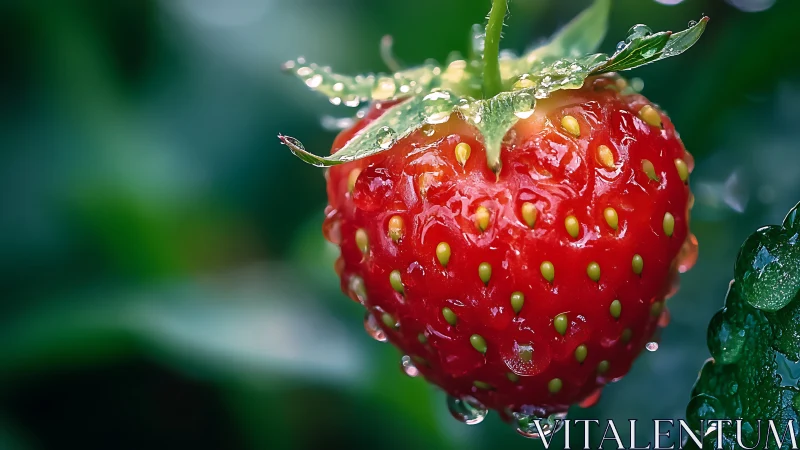 Ripe red strawberry with water droplets in close detail.
