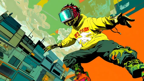 Urban skyboarder soaring through bold futuristic color.