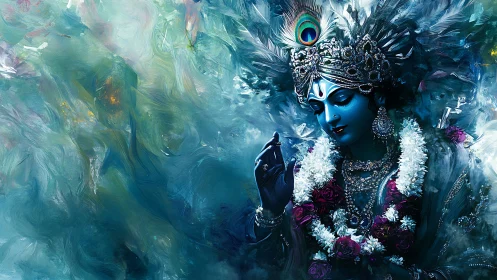 Digital painting of jeweled blue deity in swirling teal aura.
