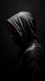 Shadowed hooded figure with glowing red eyes in darkness.