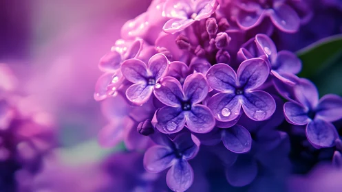 Purple lilac flowers with water droplets in soft focus botanical macro