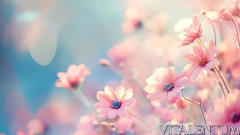 Soft pink blossoms glow gently against a dreamy blue sky