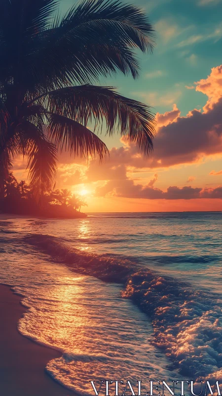 Tropical shoreline sunset with palm silhouettes and glowing surf