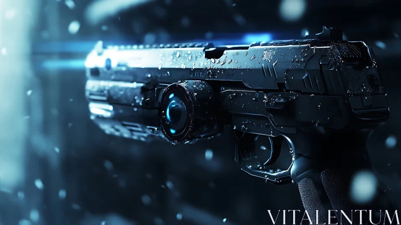 Futuristic wet pistol with optic module under cold cinematic lighting