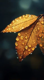 Rain-kissed autumn leaves glow softly against dark bokeh