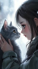 Snowlit gaze between girl and gray cat, hearts in hush.