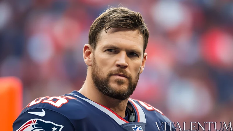 Focused football player sharing a calm, confident gaze.