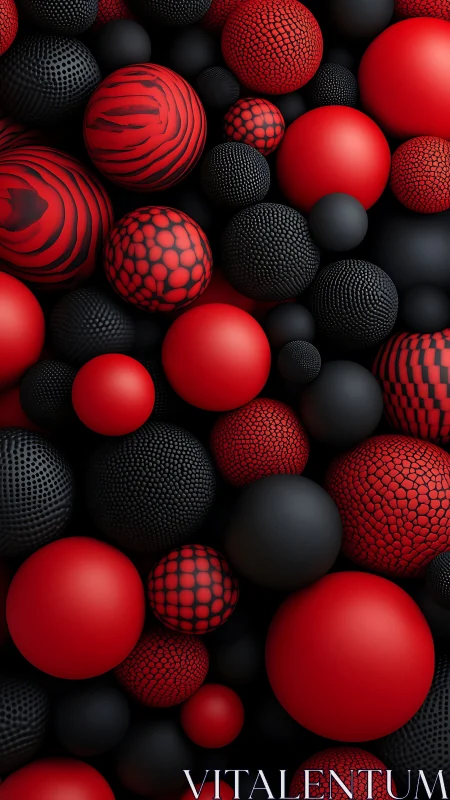 Sculpted red and black spheres in dense geometric cascade.