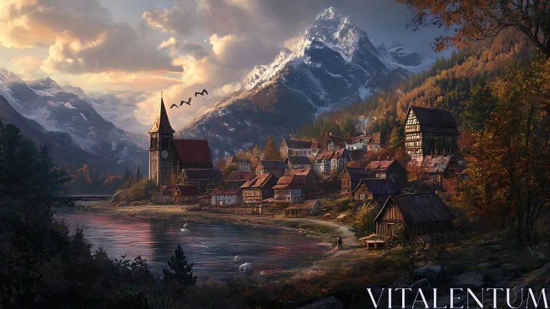 Mountain village by lake with church and autumn forest.