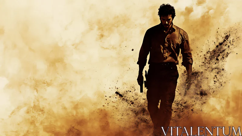 Armed man walking through dust and debris in silhouette.