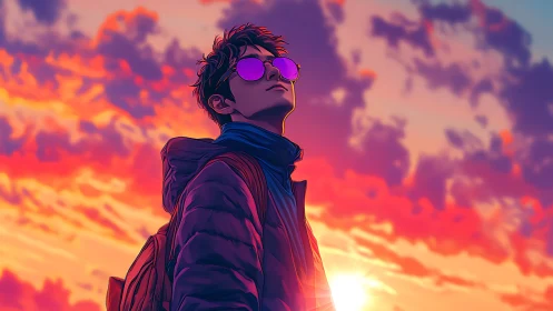 Young person in jacket and scarf observes vivid sunset sky