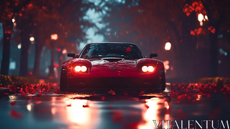 Red sports car advances through rainy neon-lit autumn avenue