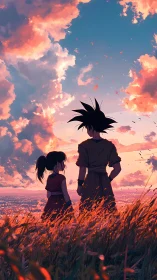 Anime sunset field tableau with backlit character silhouettes.