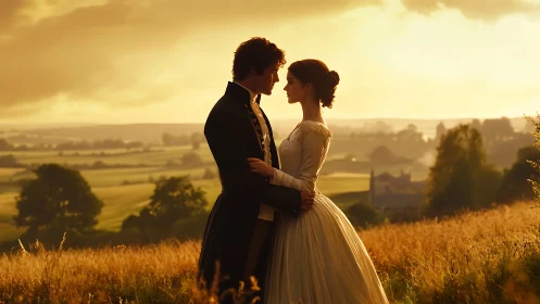 Golden Hour Romance: Period Figures Against Pastoral Landscape.