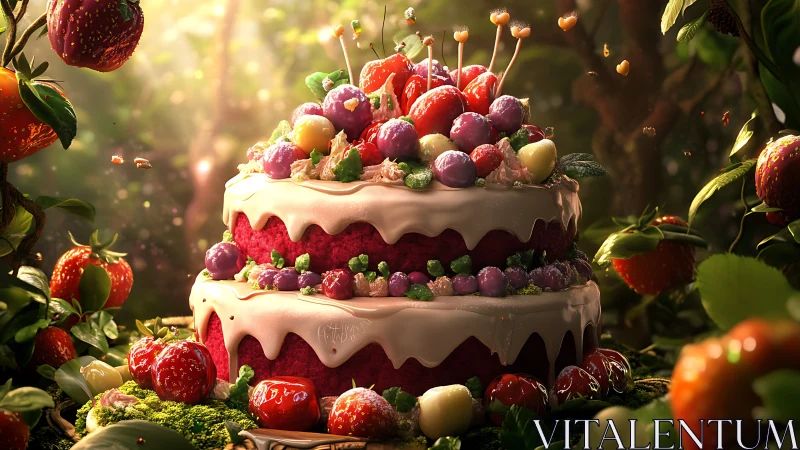 Two-Tier Cream Cake with Mixed Berry Garnish and Candied Fruit Decor