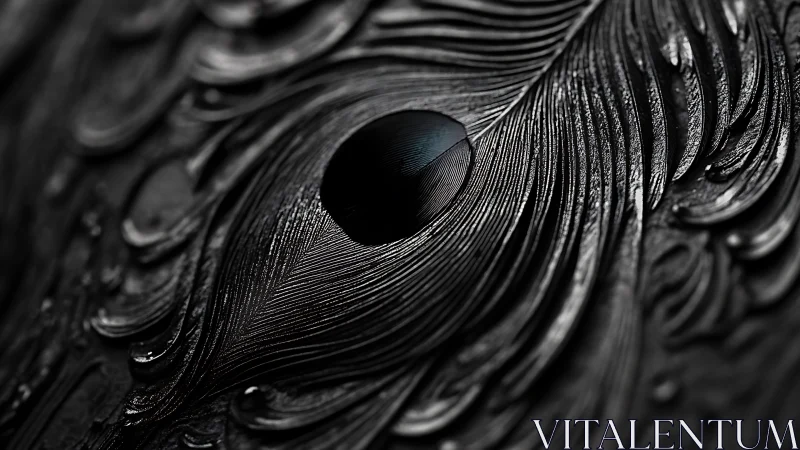 Black macro closeup of carved feather eye pattern detail.