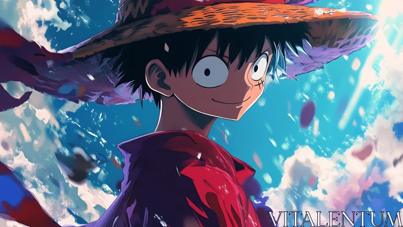 Straw hat dreamer sails beneath a storm of sky petals.