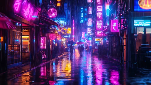 Neon rainwalk through a glowing midnight city street.