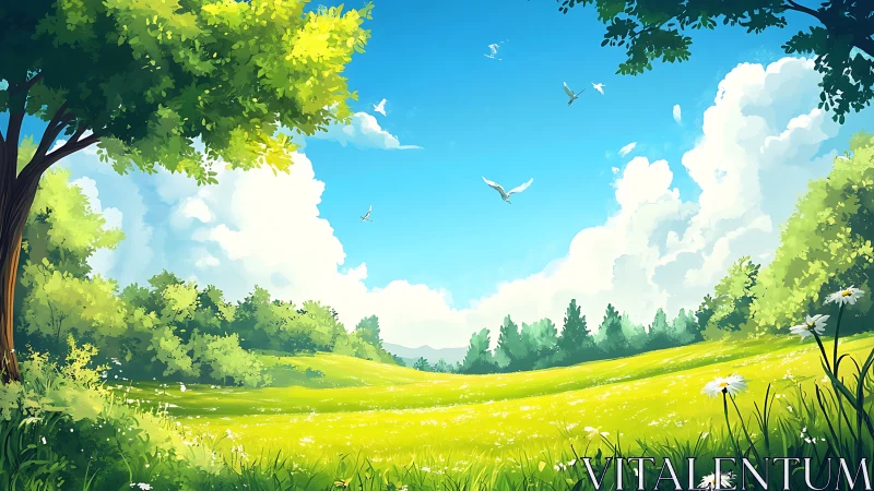 Luminous meadow panorama with stratified cumulus sky field.