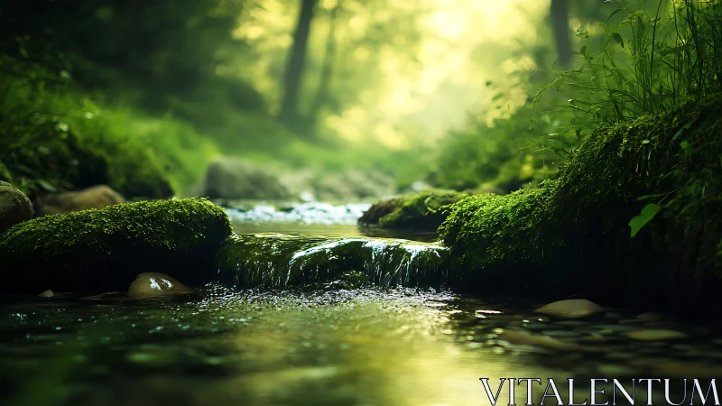 Shallow forest stream over mossed stones in diffuse bokeh light.