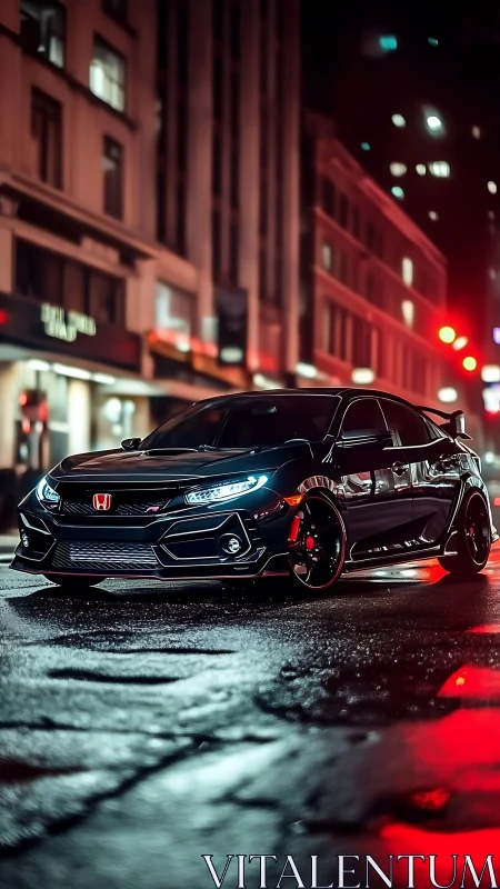 Night-urban photoreal portrait of black tuner hatchback coupe.