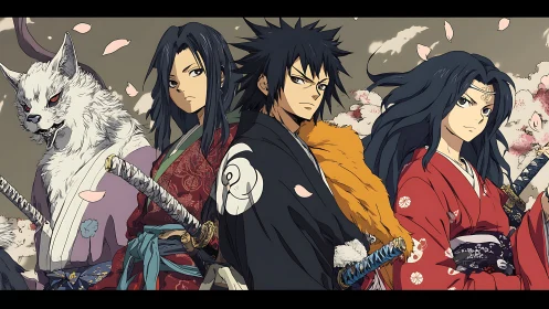 Samurai quartet with yokai companion in dynamic sakura tableau.