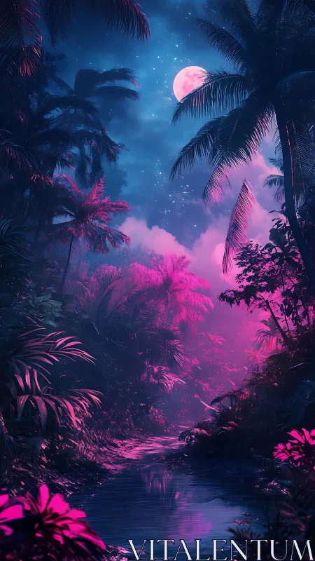 Neon moonlit tropical river under cyan and magenta sky