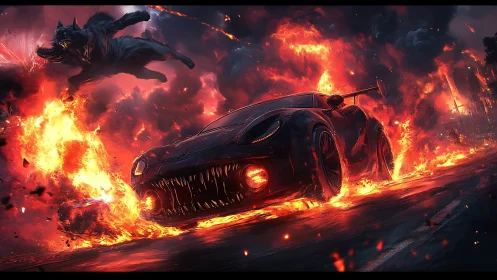 Demonic flames-engulfed supercar charging through infernal city