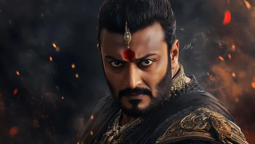 Warrior in ornate armor stares intensely amid flying embers