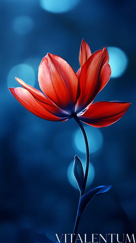 Red tulip glows sharply against deep blue bokeh background