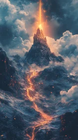 Volcanic spire ignites the clouds with a skyward firebeam.