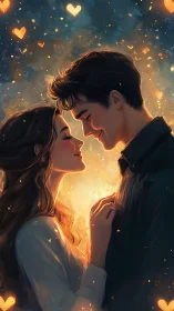 Two figures in intimate proximity with golden particle effects.