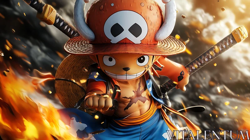 Chibi pirate warrior lunges through swirling battlefield flames